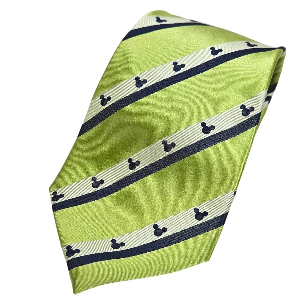 Disney Parks Necktie‎ Mens OS Green Mickey Mouse Striped Silk Tie Disneycore